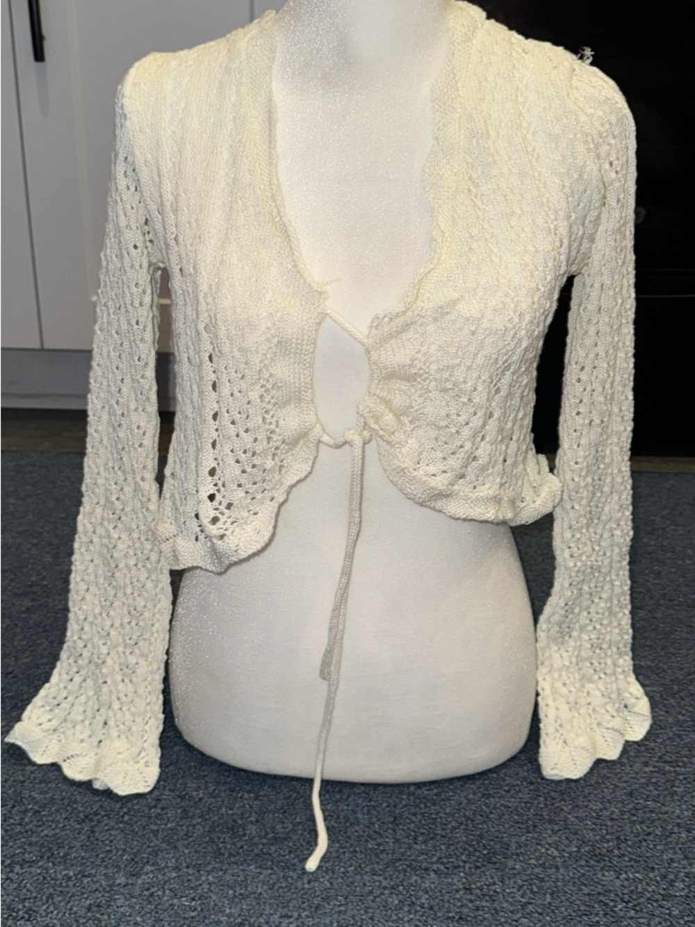 SHEIN Cream Open-Knit Tie-Front Cropped Cardigan Camisole